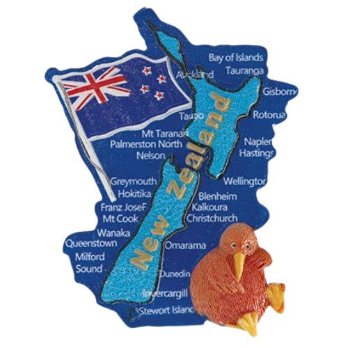 NZ Map with Kiwi & Places Blue Polyresin Magnet