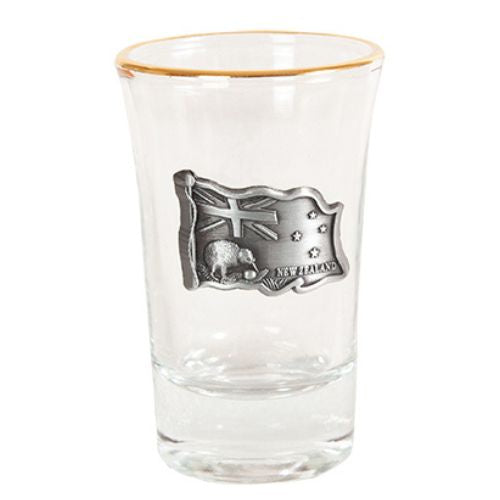 NZ Flag Gold Rim Shot Glass Pewter