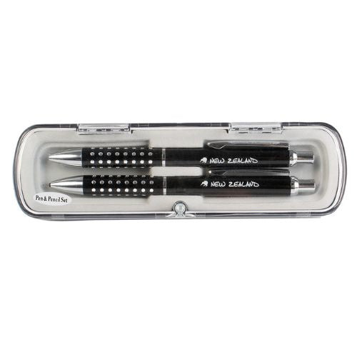 NZ Kiwi Pen & Pencil Set - Black with Silver Dots
