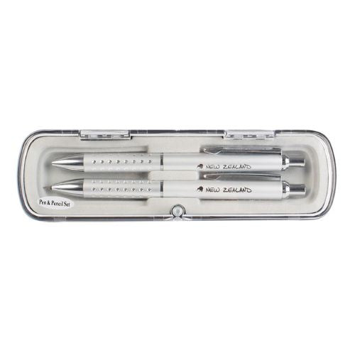 NZ Kiwi Pen & Pencil Set - Silver with Silver Dots