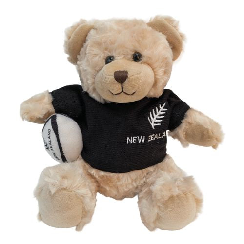 Rugby Teddy Bear with Black Tee & Ball - 21cm
