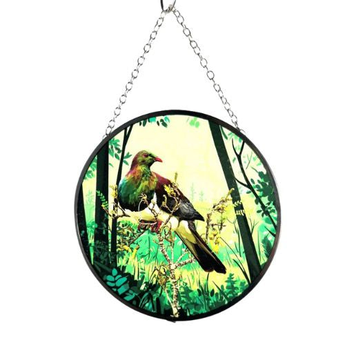 Native Bird Glass Sun Catcher - Kereru on Kowhai