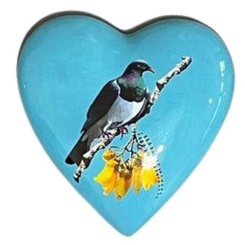 Native Bird Ceramic Heart - Kereru on Kowhai