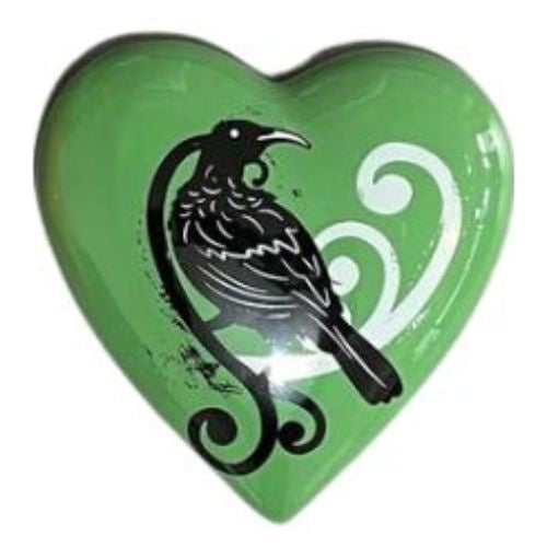Native Bird Ceramic Heart - Tui Green