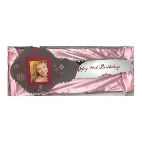 Glass Mirrored 21st Key with Photo - Pink
