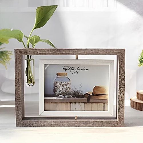Wooden Double Sided Rotating Photo Frame Mirror With Plant Vase