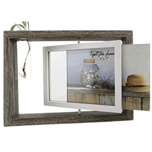 Wooden Double Sided Rotating Photo Frame Mirror With Plant Vase