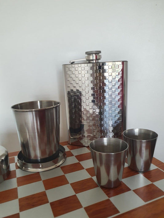 Silver Hip Flask and Chess Set