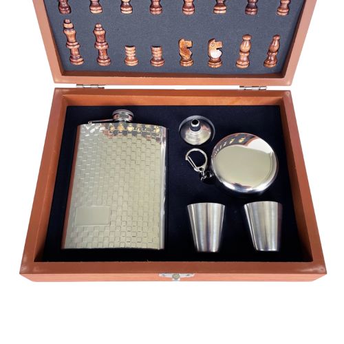 Silver Hip Flask and Chess Set