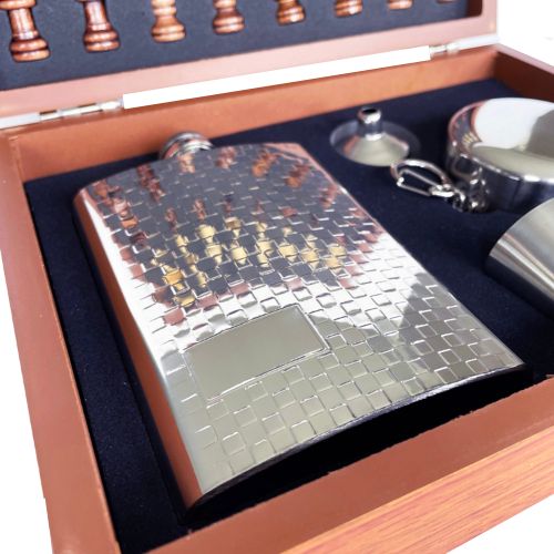 Silver Hip Flask and Chess Set