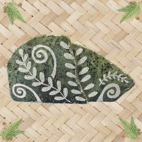 NZ Greenstone Polished Rock - Koru & Fern