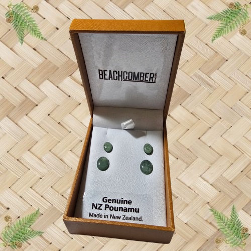 NZ Greenstone Oval Stud Earrings - 2pc