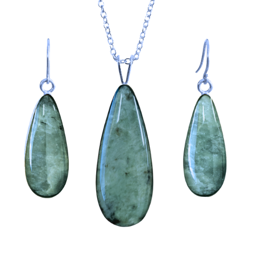 NZ Greenstone Drop Pendant & Earrings Set - Silver