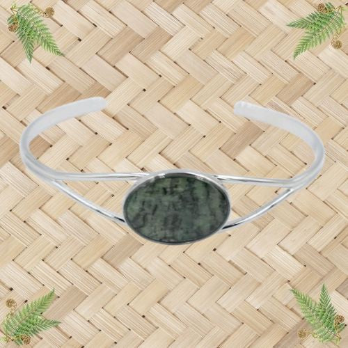NZ Greenstone Oval Bangle - Silver