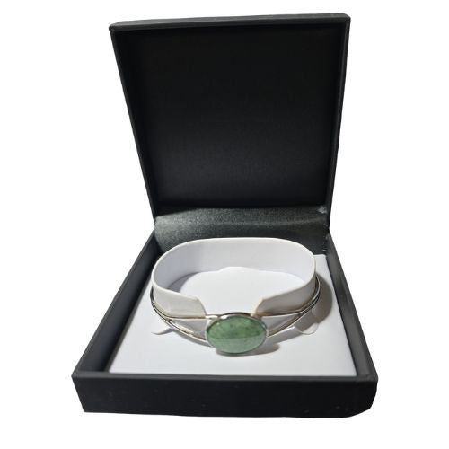 NZ Greenstone Oval Bangle - Silver