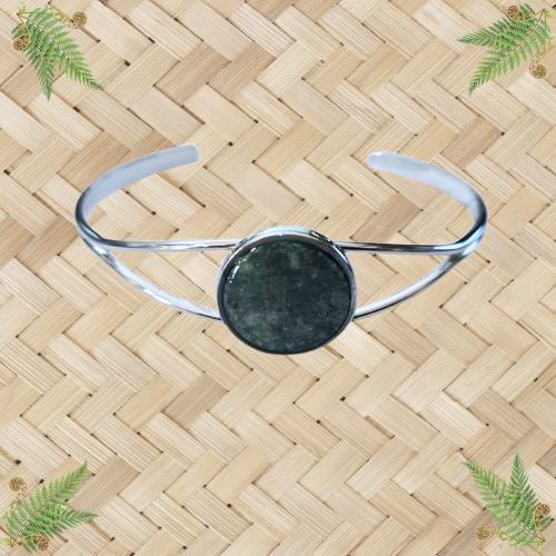NZ Greenstone Round Bangle - Silver