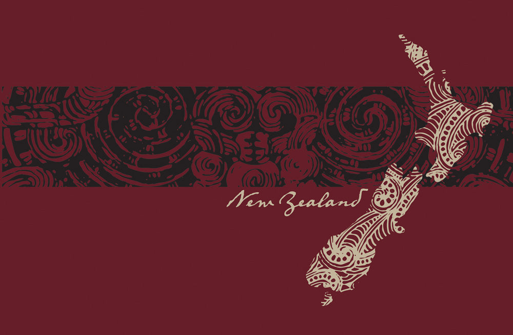 Adults Map Kowhaiwhai Tee Shirt - Burgundy Marle