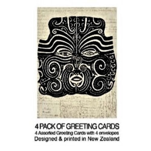 Pack of four assorted greeting cards with envelopes, designed and printed in New Zealand, featuring bold traditional Māori-inspired artwork.