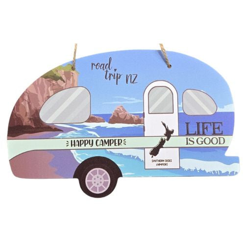 Happy Camper Caravan Plaque with Cliffs & Beach