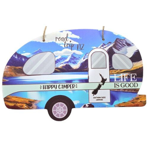 Happy Camper Caravan Plaque with Mountains - Blue