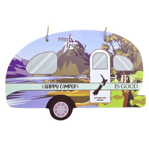 Happy Camper Caravan Plaque with Mountains - Green