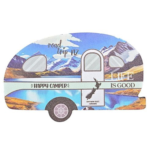 Happy Camper Caravan Magnet with Mountains - Blue