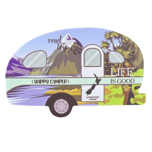 Happy Camper Caravan Magnet with Mountains - Green