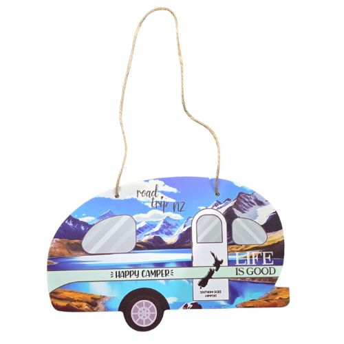 Happy Camper Caravan Plaque with Mountains - Blue