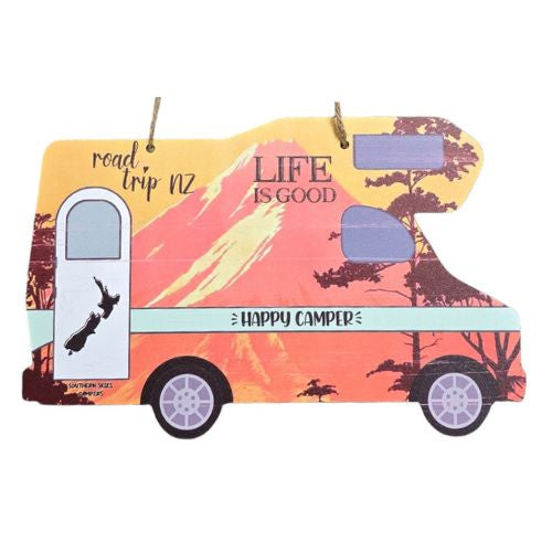 Happy Camper Motor Home Plaque with Mountains - Orange