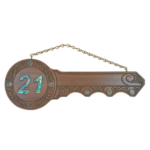 Wooden Carved 21st Key - Yale with Inlaid Paua 21