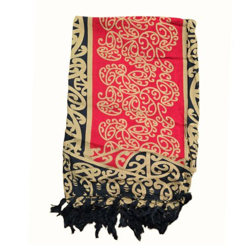 Sarong Kowhaiwhai Print - Red, Black & Beige