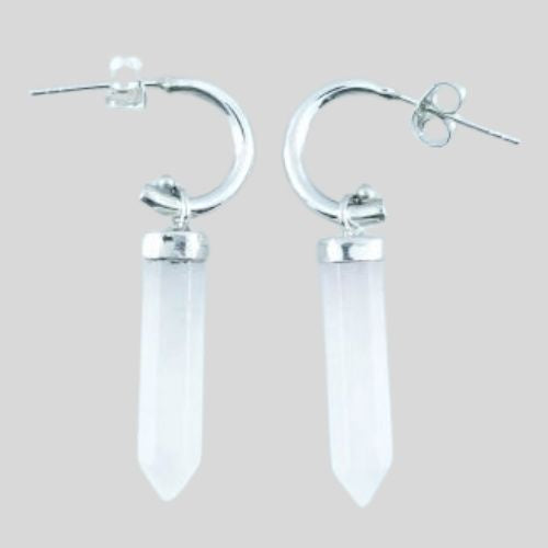 Rose Quartz Point on Sterling Silver Hoop Earrings