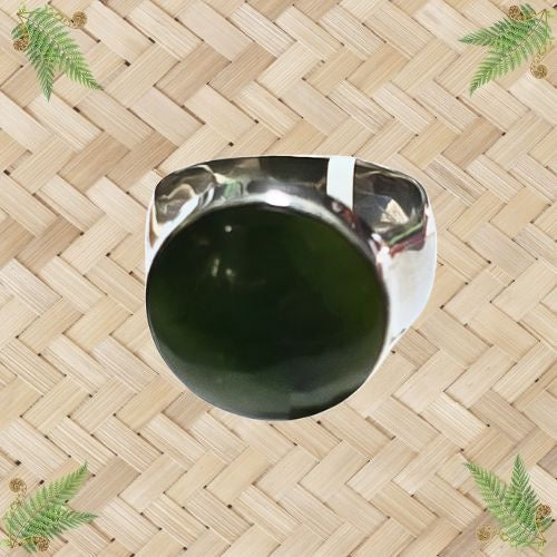 NZ Greenstone and Silver Round 16mm Ring - Medium