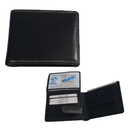 Gents Leather Wallet with Coin Pocket & Double Stitched - Black