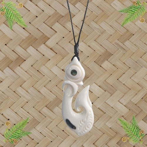 Bone Manaia Hook Pendant with Paua - 60mm