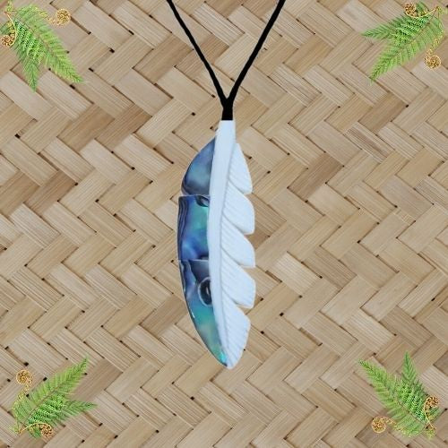 Bone and Paua Feather Pendant - 50mm