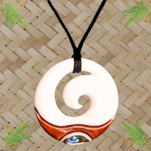 Bone Koru with Paua and Stain Pendant - 33mm