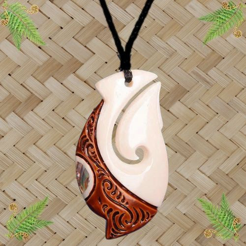 Bone Hook with Paua and Stain Pendant - 55mm