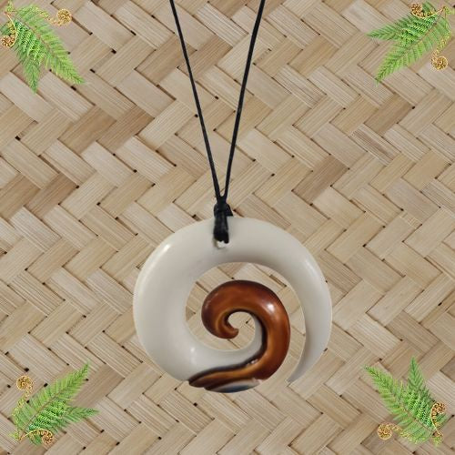 Koru with Paua and Stain Bone Pendant - 25mm