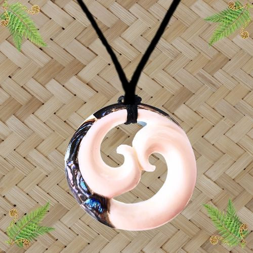 Bone Double Koru with Paua Pendant
