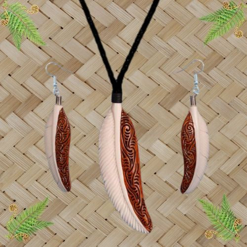 Bone Feather Pendant & Earrings Set with Stain