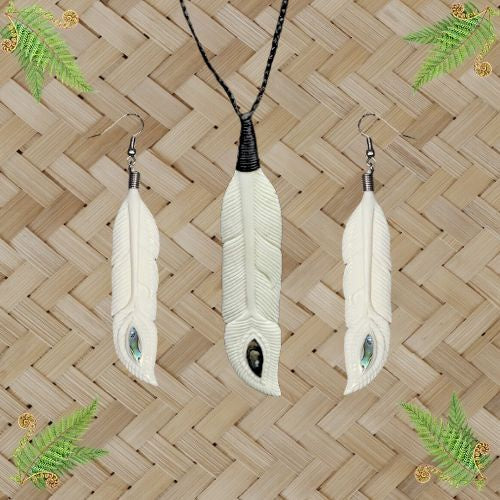 Feather Bone Pendant & Earrings Set with Paua