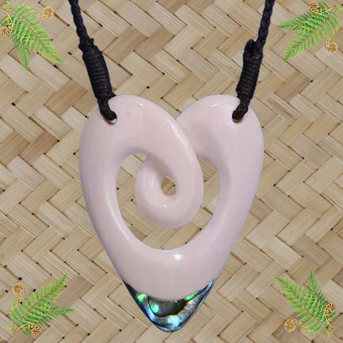 Bone Heart Twist Pendant with Paua - 60mm