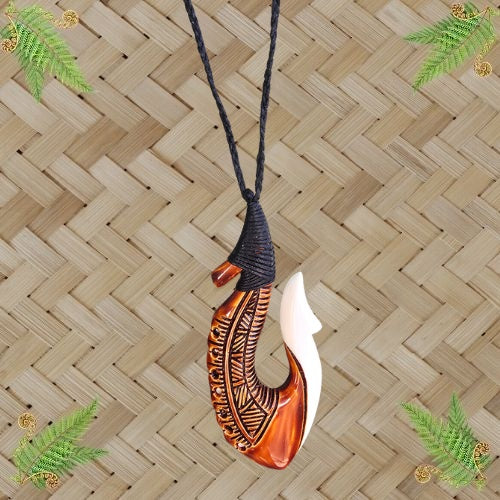 Bone Hook Engraved Stained, Notches & Binding Pendant - 100mm