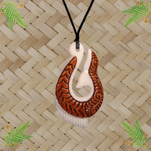 Bone Hook Stained and Engraved Pendant - 50mm