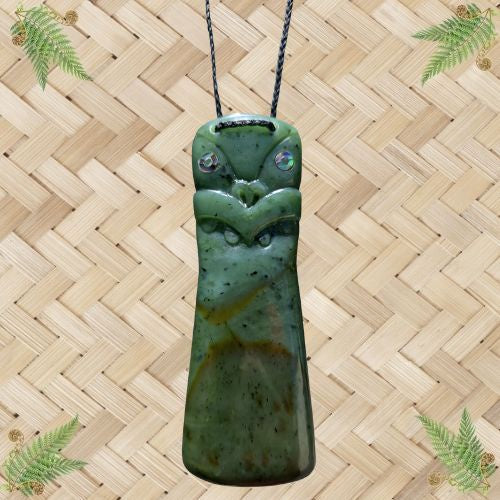 NZ Greenstone Drop with Tiki Face & Paua Eyes Pendant - 120mm