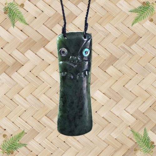 NZ Greenstone Drop with Tiki Face & Paua Eyes Pendant - 120mm