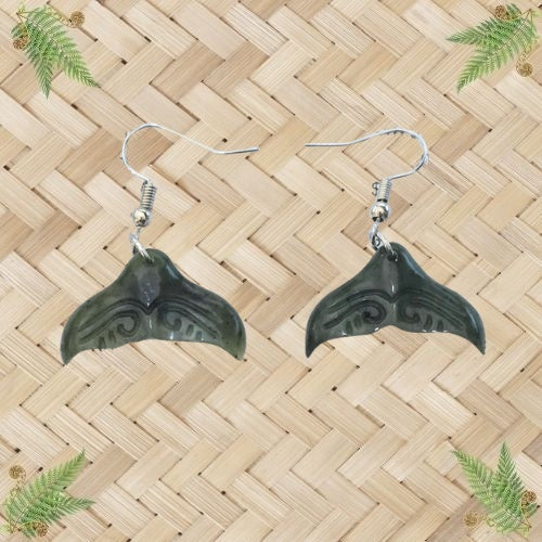 NZ Greenstone Whale Tail Engraved Earrings - 27mm