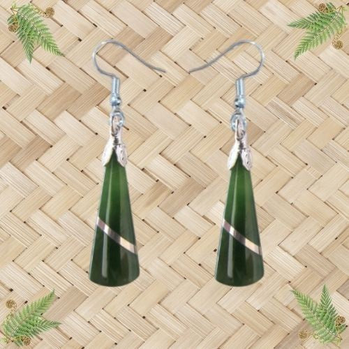 NZ Greenstone Wedge with Silver Thread Earrings - 25mm