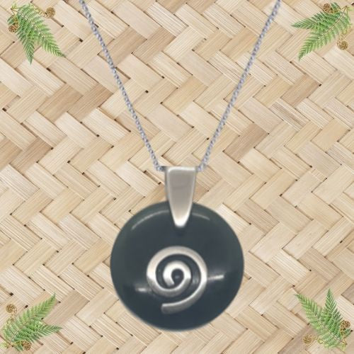 NZ Greenstone Round with Silver Koru Pendant